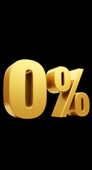 Golden zero percent sign isolated on black background discount sale promotion concept
