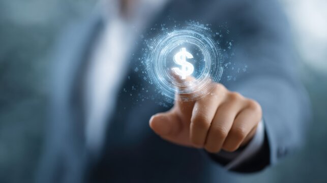 Financial technology innovation shows a businessman touching a glowing digital dollar icon