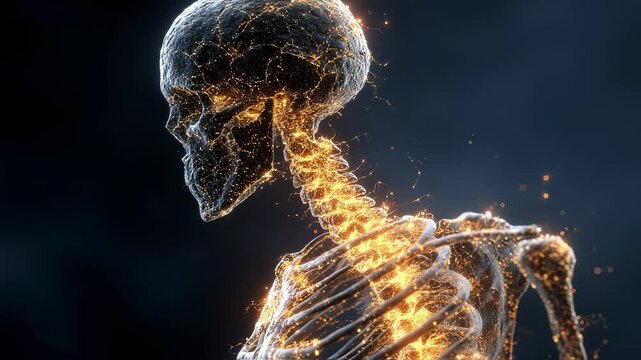 Skeletal visualization portraying advanced osteoporosis, revealing bone density degradation with luminescent particles illuminating compromised bone structure against shadowy medical backdrop