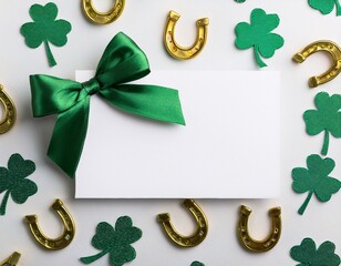 a green satin bow on a blank white gift card with shamrocks and horseshoes
