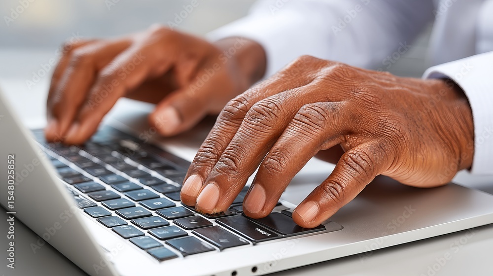 Poster close-up of hands typing on a laptop keyboard, emphasizing work and technology themes