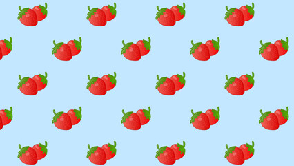 Blue seamless pattern with red strawberry. Background red cherries and green leaves. Vector design sweet berries as wallpaper