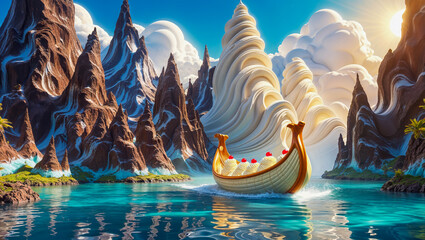 AI-generated images of a fantasy world made of chocolate and milk with a floating banana split 