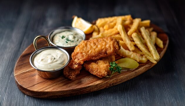 a delicious meal of crispy fried fish golden french fries and zesty dipping sauces served on a rustic wooden board