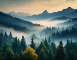 Fototapeta premium a misty mountain landscape with a forest of evergreen trees in the foreground