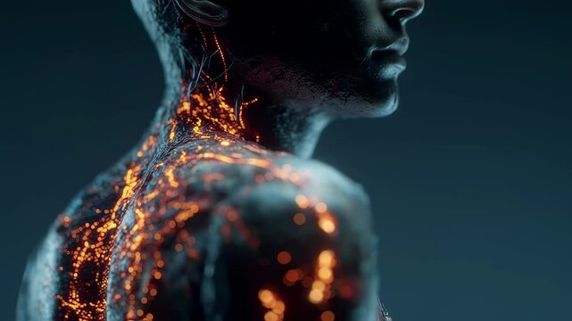 Detailed medical visualization revealing nerve circuits glowing orange across man's upper back and neck, representing complex phantom limb pain neurological experience