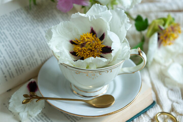 Peony flowers and a cup of tea, books on a white blanket.