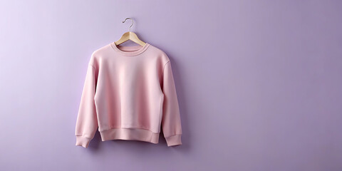 Pink sweatshirt hanging on wooden hanger against lavender wall background