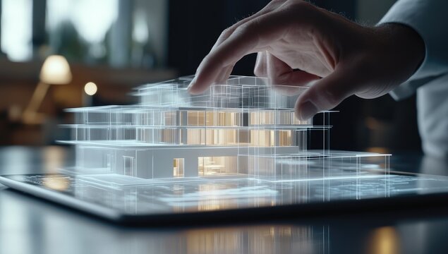 Hand interacting with digital house model - Powered by Adobe