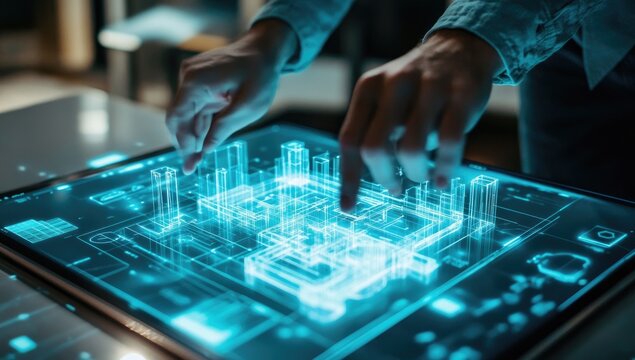 Hands interacting with a holographic city map - Powered by Adobe