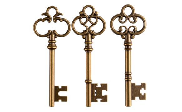 Three Vintage Brass Key with Ornate Head, isolated on a transparent background