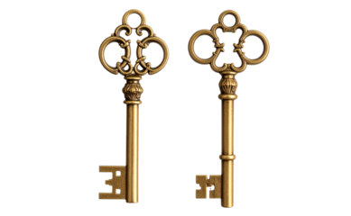 Two Vintage Brass Key with Ornate Head, isolated on a transparent background