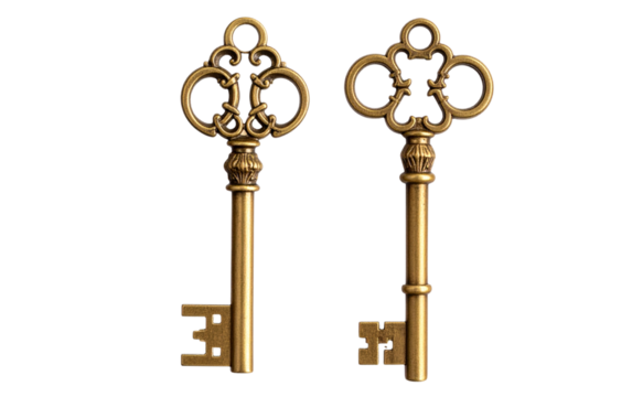 Two Vintage Brass Key with Ornate Head, isolated on a transparent background