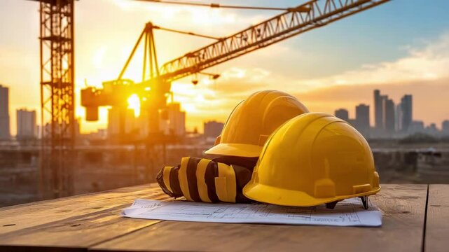 Construction helmets resting on blueprints with a sunset backdrop and crane, symbolizing safety and building.