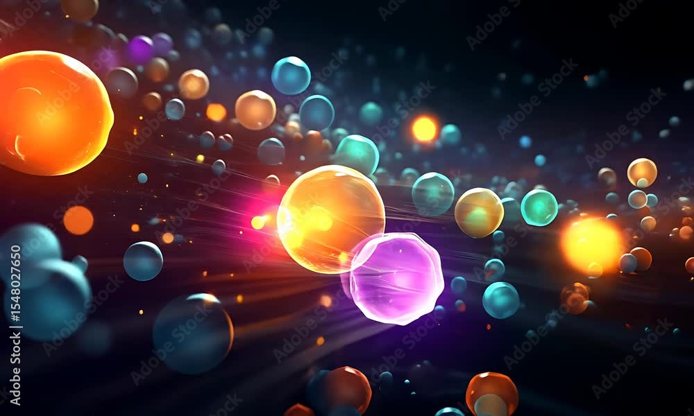Poster abstract video of glowing spheres floating and interacting in a dark space with light trails.