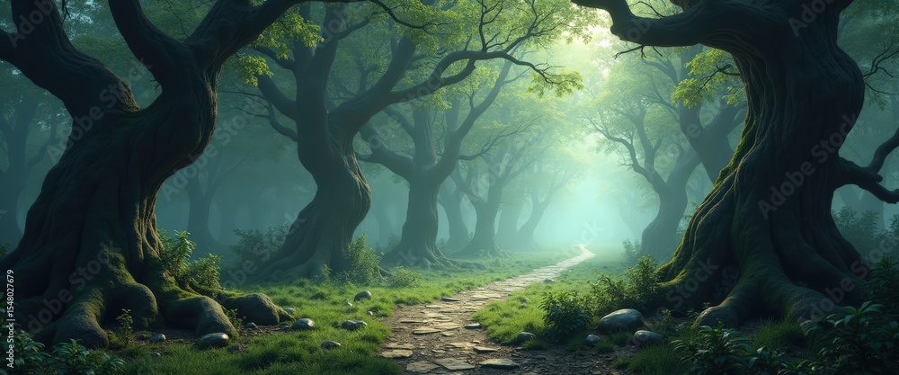 Poster enchanted forest pathway with ancient trees and soft green light filtering through leaves