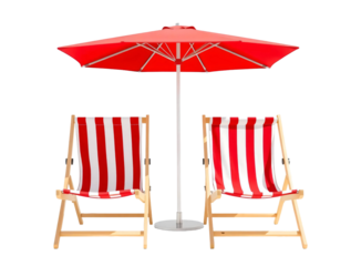 Red and white striped beach chairs with red umbrella isolated on transparent background