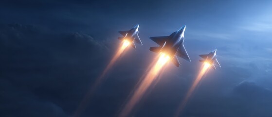 Three military fighter jets fly in formation showcasing air force technology and power