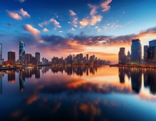 Fototapeta premium a twilight sky with scattered clouds hangs above a cityscape where illuminated skyscrapers are reflected in calm water