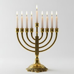 Fototapeta premium A detailed depiction of a golden menorah with lit candles, symbolizing light, faith, and hope. A close-up shot highlighting the intricate design and warm glow.