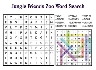 Jungle Friends Zoo Word Search Puzzle with Animal Names