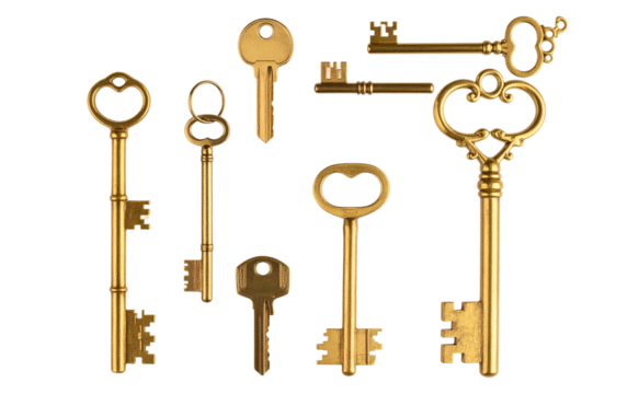 Set of Golden Key with Light Sparkle Effect, isolated on a transparent background
