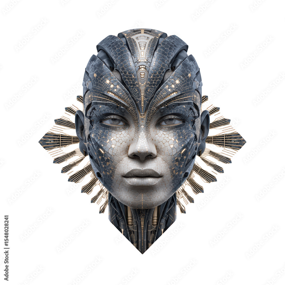 Poster a futuristic humanoid robot head with intricate metallic and hexagonal patterns, glowing eyes, and o