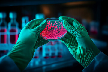 Close-up view of gloved hands holding a petri dish with bacterial colonies growing on pink agar medium. Ideal for illustrating medical research, laboratory diagnostics or pharmaceutical development.