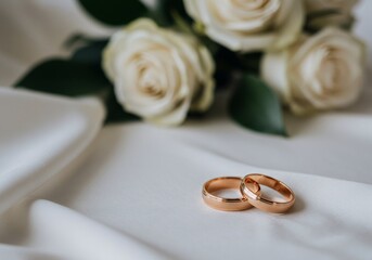 Two gold wedding rings with white roses on the white silk fabric. Marriage, engagement, and love concept for happy couple.