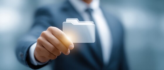 A businessman holding a virtual folder icon represents digital data management and secure document storage