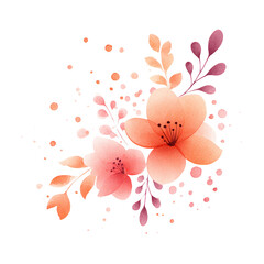 A delicate floral illustration featuring two peach and pink blossoms with stylized leaves and dots, creating an elegant and artistic bouquet.