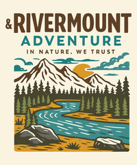 Retro Nature Adventure Poster with Mountains, River, and Forest
