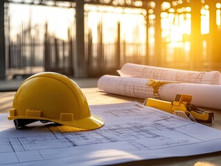Construction blueprints and safety helmet on a table
