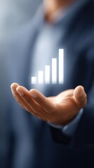 A businessman hand presents a glowing digital bar chart symbolizing financial growth and business success
