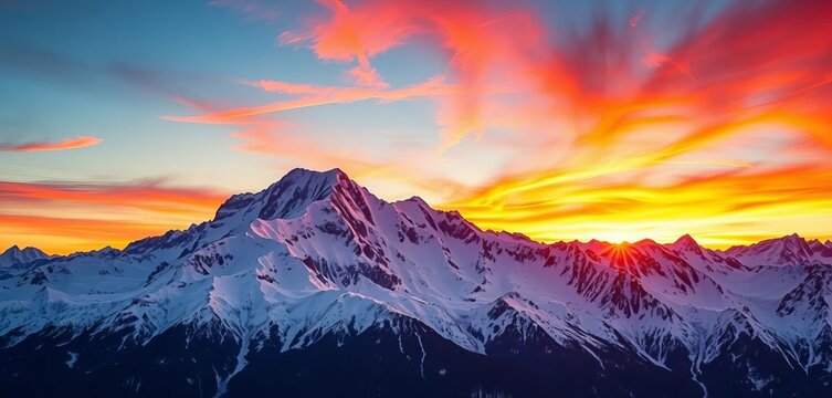 Majestic snow-capped mountains ablaze in a fiery sunset,  image,  alpine