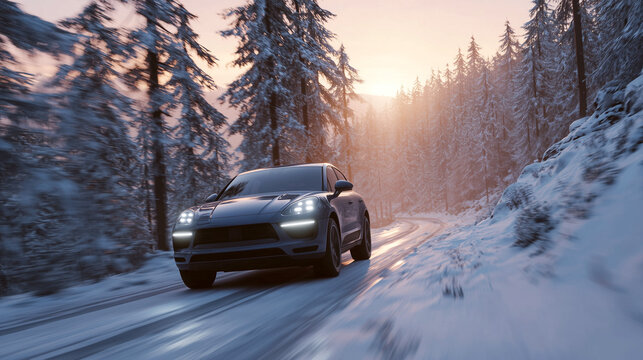 A black SUV with headlights on navigates a snowy forest road with motion blur, capturing the essence of winter adventure and challenging driving conditions under a bright sunset.

