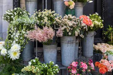 An expansive and colorful outdoor flower shop display features a wide array of blooming flowers and...