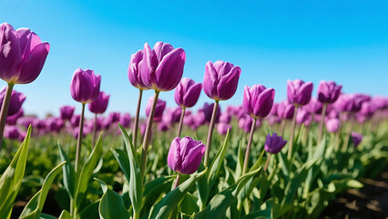 Obraz premium A field of deep purple tulips stretches beneath a radiant blue sky, each bloom standing tall like a joyful note in nature’s springtime symphony