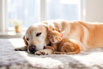 Adorable golden retriever dog comforting and cuddling a sleeping orange tabby kitten indoors peacefully together
