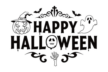 Happy Halloween Typography with Ghosts, Pumpkin and Bats