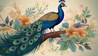 a detailed illustration of a peacock perched on a branch surrounded by lush floral patterns