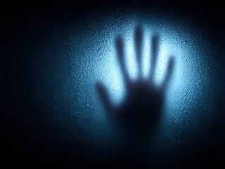A chilling silhouette of a hand pressed against a fogged glass surface emits an eerie glow evoking feelings of suspense and mystery in a captivating visual narrative