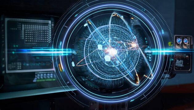 a futuristic 3d interface displaying spinning electron holograms