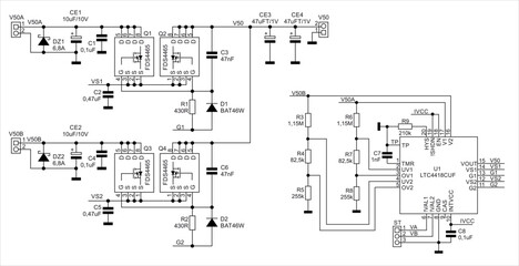 Schematic diagram of electronic device.
Vector technical drawing electrical circuit with 
microcontroller, resistor, capacitor,
integrated circuit, diode,
other components on white paper sheet.