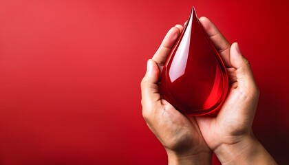 a hand grips a blood drop against a red backdrop highlighting awareness of blood disorders like anemia and leukemia along with blood donation