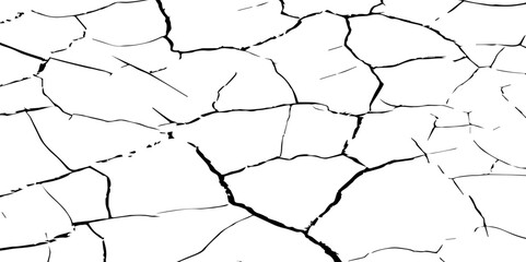 Generate a high-contrast black and white image showcasing a network of irregular cracks across a white surface, forming sharp, angular lines that intersect and branch out,creating a fragmented pattern