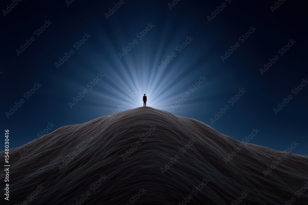 Poster individual standing atop a textured hill with beams of light radiating from behind creating a powerf