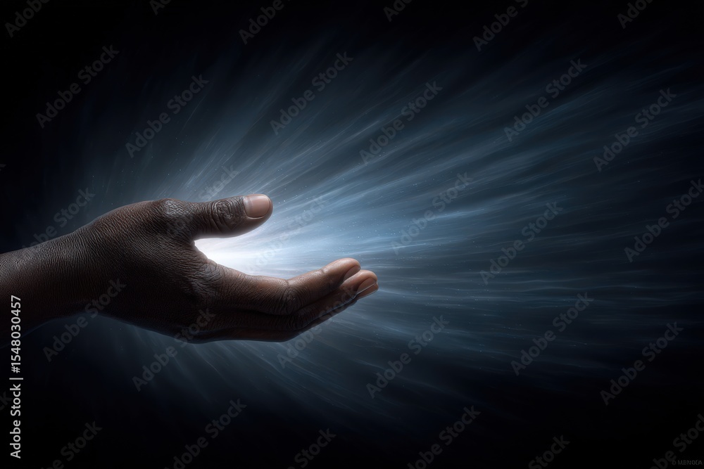 Poster ethereal hand gently reaching out with luminous energy manifesting the power of intention and creati