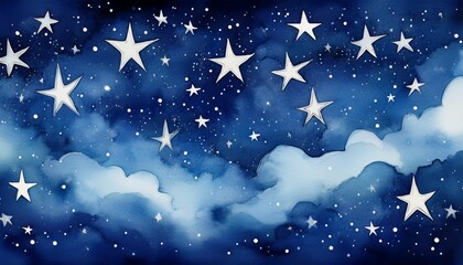 abstract watercolor painting of a starry night sky with white stars scattered on a dark blue background