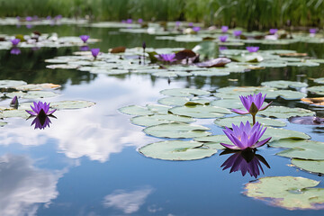 Two graceful purple lotus flowers bloom above still waters, surrounded by dark green lily pads—their reflections captured in perfect clarity, as if nature paused to compose a quiet verse